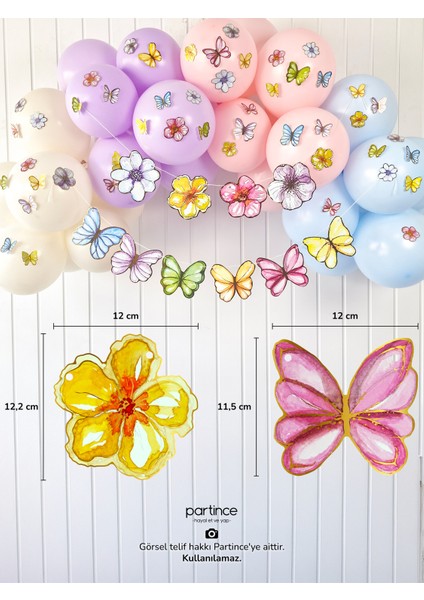3 Parça Set Pastel Renk Kelebek Çiçek Pasta Süsü Banner ve Metalik Gold Mum Doğum Günü Parti Seti modelleri