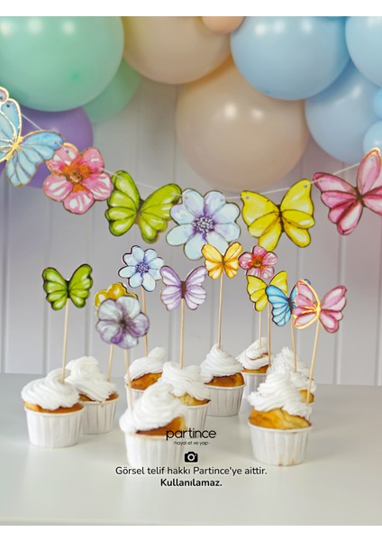 3 Parça Set Pastel Renk Kelebek Çiçek Pasta Süsü Banner ve Metalik Gold Mum Doğum Günü Parti Seti indirimleri