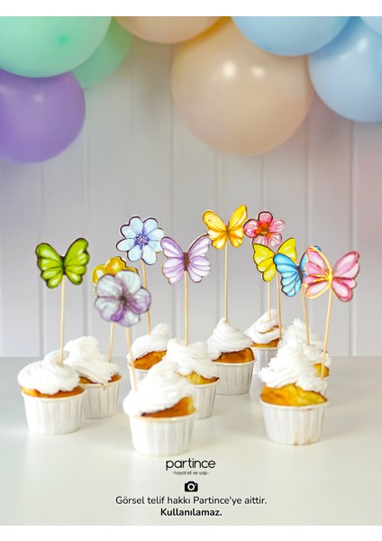 3 Parça Set Pastel Renk Kelebek Çiçek Pasta Süsü Banner ve Metalik Gold Mum Doğum Günü Parti Seti
