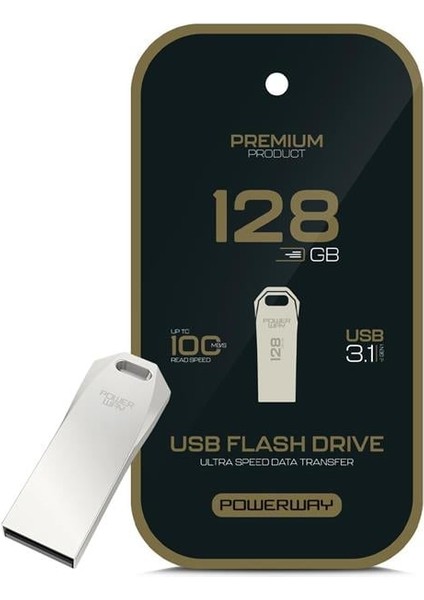 Powerway Premium 128 GB 100MB/S Ultra Hızlı USB 3.1 Metal Silver Flash Bellek