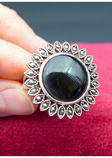 925 Ayar Kadın Gümüş Oltu Taşı Yüzük SY00047