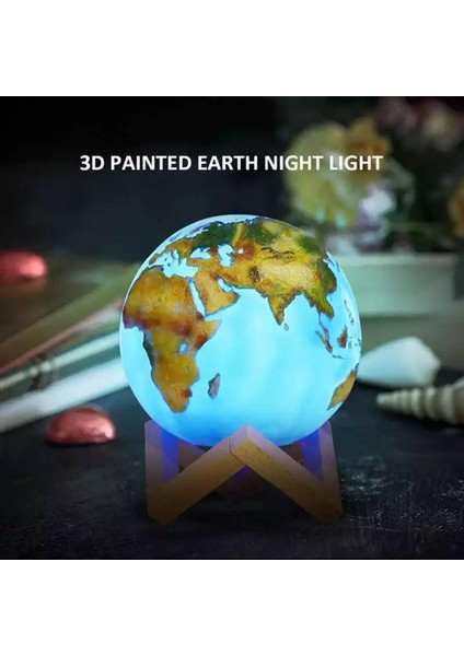 3D Dünya Gece Lambası Şarjlı Ahşap Standlı Uzaktan Kumandalı