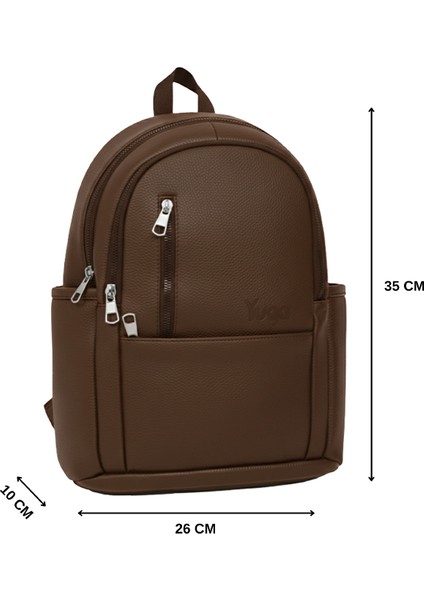 Suni Deri Dört Gözlü Sırt Çantası Kahverengi