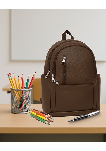 Suni Deri Dört Gözlü Sırt Çantası Kahverengi