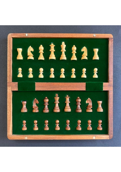Satranç Seti Full Ahşap Mıknatıs Taşlı Katlanabilir Kadife Kutulu Satranç Takımı