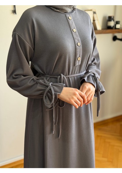 Füme Kol Bağlamalı Düğme Detaylı Örme Elbise 9921