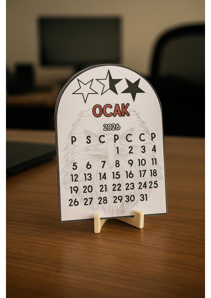 2026 Takvim - Taraftar Masaüstü Takvim- Standlı Takvim (Siyah Beyaz)