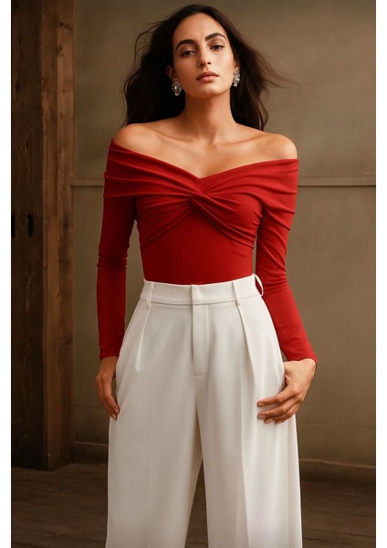 Kadın Omuzlar Düşük Önü Düğümlü Sandy Kumaş Uzun Kollu Bluz 0033