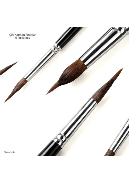 Çift Katman Fırça Seti, 5 Farklı Boy, Sulu Boya, Akrilik, Gouache, Yağlı Boya, Çini-Seramik