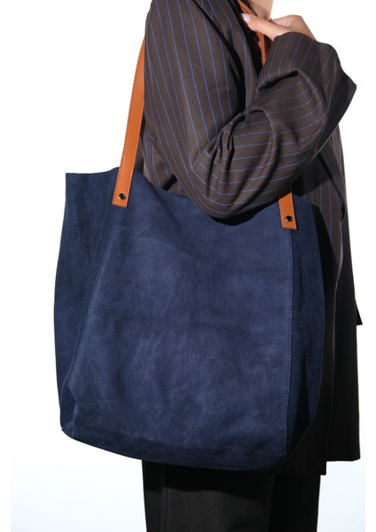 Alfred Lacivert Hakiki Deri Süet Kadın Omuz Çantas