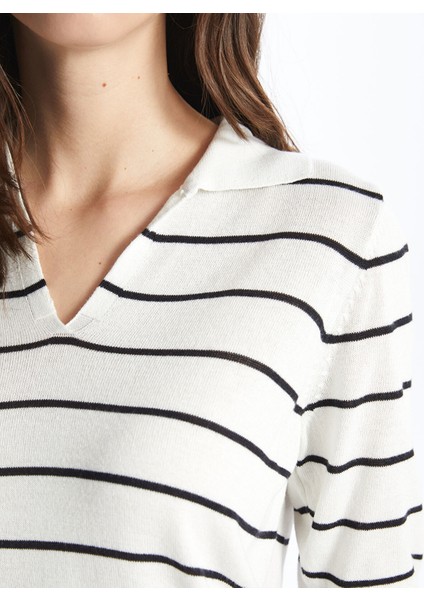 Yeni Sezon Polo Yaka Çizgili Kısa Kollu Kadın Triko Kazak fırsatları