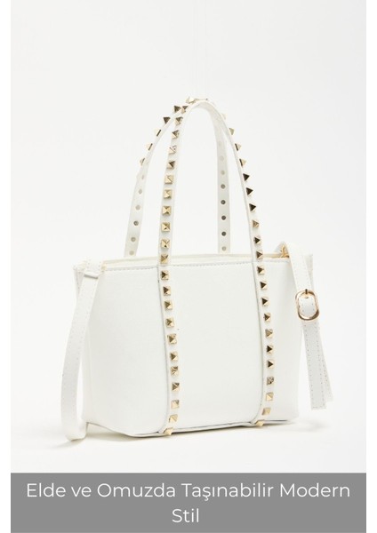 Beyaz Kadın Zımba Detaylı Pu Deri Tokalı El ve Omuz Çantası fiyatları
