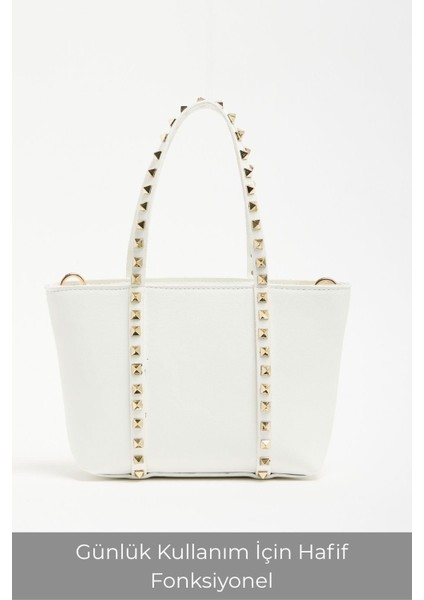 Beyaz Kadın Zımba Detaylı Pu Deri Tokalı El ve Omuz Çantası modelleri