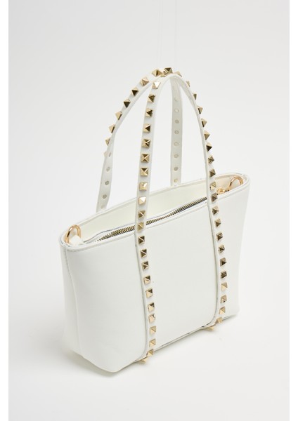 Beyaz Kadın Zımba Detaylı Pu Deri Tokalı El ve Omuz Çantası indirimleri