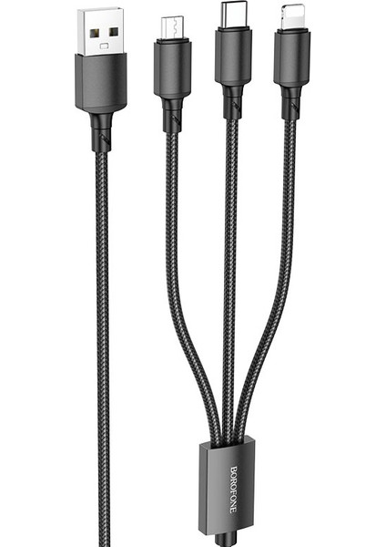 BX72 3in1 iPhone 17 ile Uyumlu Şarj Kablosu – Usb’den Type-C + Lightning + Micro USB Çoklu Şarj Kablosu, 2A Hızlı Şarj, Dayanıklı Alüminyum Alaşım ve Naylon Örgü, 1 Metre, Siyah