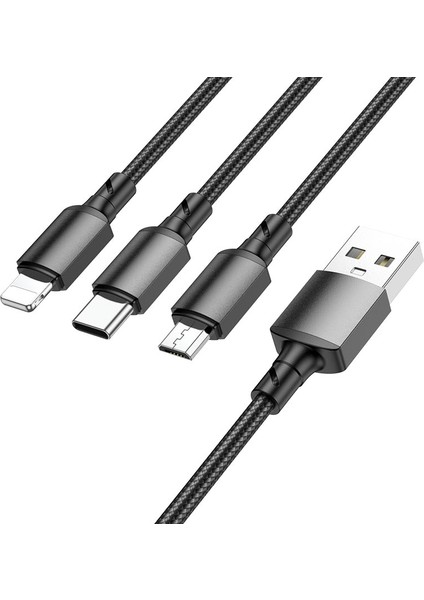 BX72 3in1 iPhone 17 ile Uyumlu Şarj Kablosu – Usb’den Type-C + Lightning + Micro USB Çoklu Şarj Kablosu, 2A Hızlı Şarj, Dayanıklı Alüminyum Alaşım ve Naylon Örgü, 1 Metre, Siyah fiyatları