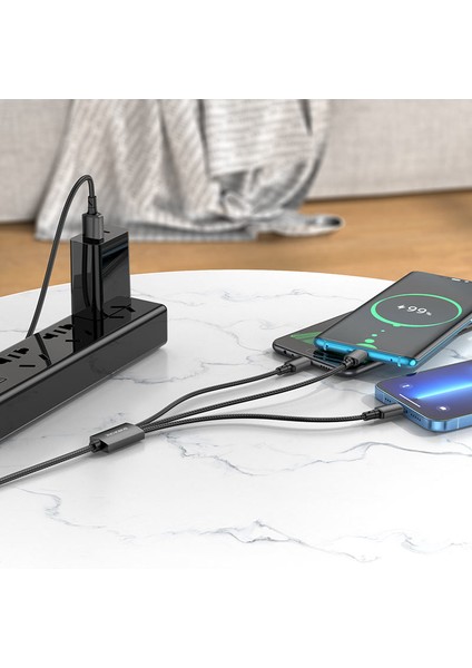 BX72 3in1 iPhone 17 ile Uyumlu Şarj Kablosu – Usb’den Type-C + Lightning + Micro USB Çoklu Şarj Kablosu, 2A Hızlı Şarj, Dayanıklı Alüminyum Alaşım ve Naylon Örgü, 1 Metre, Siyah modelleri