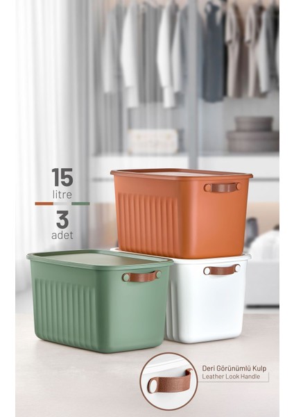 Mithra Life 3 Lü 3 Renkli 15 Lt Çok Amaçlı Kapaklı Organizer Saklama Kabı Kutu MIT1266