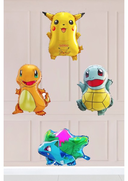 4lü Pokemon Folyo Balon Paketi - Charmander Squirtle Pikachu Bulbasaur Balon Paketi 4lü
