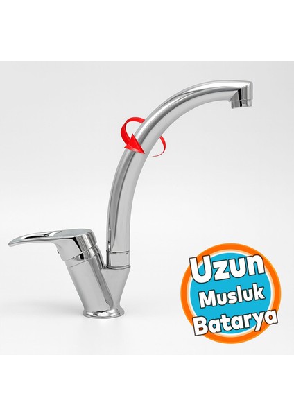 Uzun Batarya Krom Lavabo Banyo Mutfak Musluğu Musluk Mermer Tezgah Üstü Çift Su Giriş Evye Mix