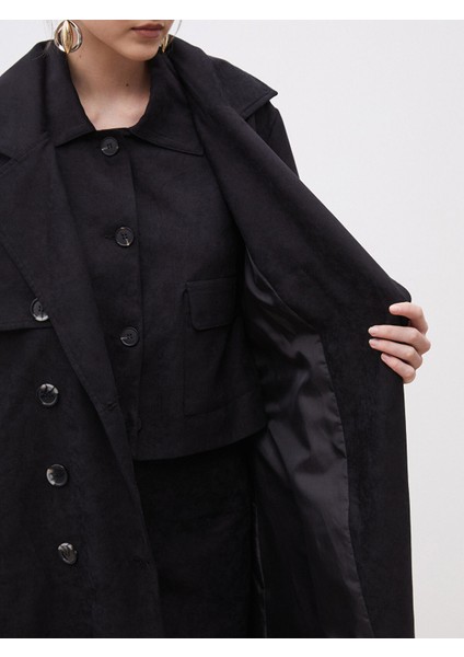 Yeni Sezon Ceket Yaka Süet Görünümlü Kadın Trençkot indirimleri