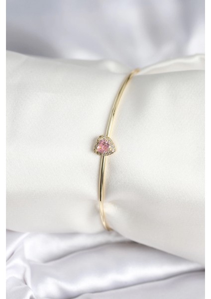 Pembe Zirkon Taşlı Kalp Model Gold Renk Kadın Bileklik - TJ-BB8001