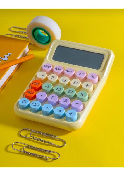 Sarı Renkli 12 Haneli 4 Fonksiyonlu Renkli Mekanik Hesap Makinesi Şirin Yuvarlak Tuşlu Ofis Masaüstü Hesap Makinesi