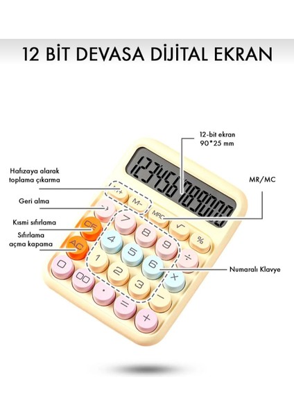 Sarı Renkli 12 Haneli 4 Fonksiyonlu Renkli Mekanik Hesap Makinesi Şirin Yuvarlak Tuşlu Ofis Masaüstü Hesap Makinesi indirimleri