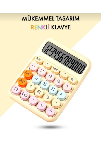 Sarı Renkli 12 Haneli 4 Fonksiyonlu Renkli Mekanik Hesap Makinesi Şirin Yuvarlak Tuşlu Ofis Masaüstü Hesap Makinesi