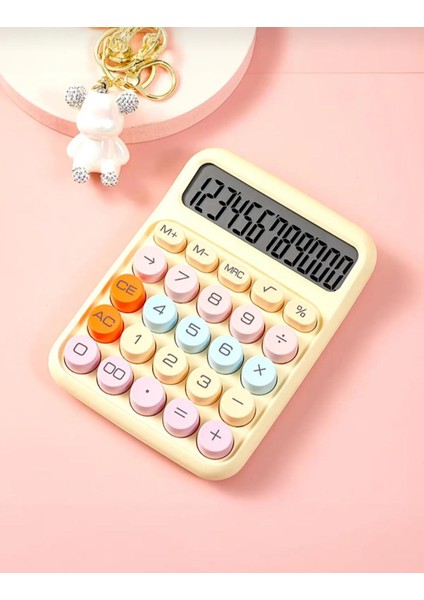 Sarı Renkli 12 Haneli 4 Fonksiyonlu Renkli Mekanik Hesap Makinesi Şirin Yuvarlak Tuşlu Ofis Masaüstü Hesap Makinesi