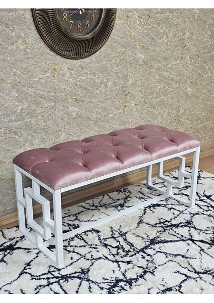 Beyaz Boyalı Içi Kareli Diktörtgen 100 cm x 40 cm Oturak Puf - Bench - Makyaj Oturağı - Oturak Pembe Renk 100 x 40 Boyut/ebat