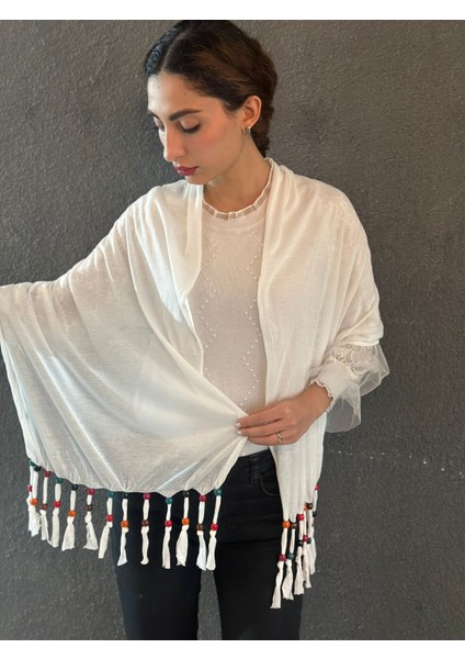 Penye Boncuklu Tasarım Kadın Şal Fular 160X40 cm