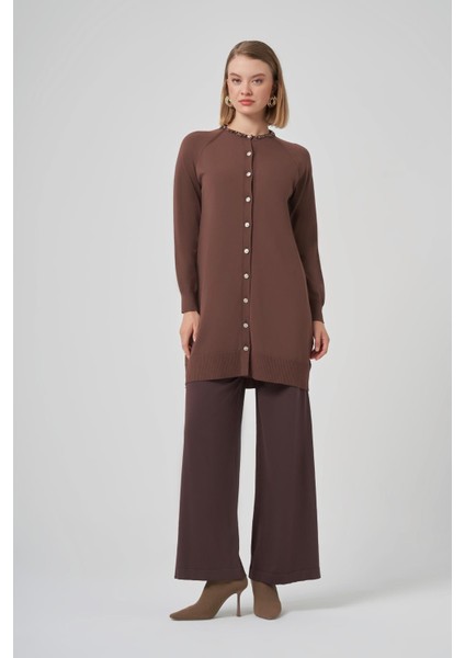 300T Yakası Taş Işlemeli Merserize Tunik Kahve
