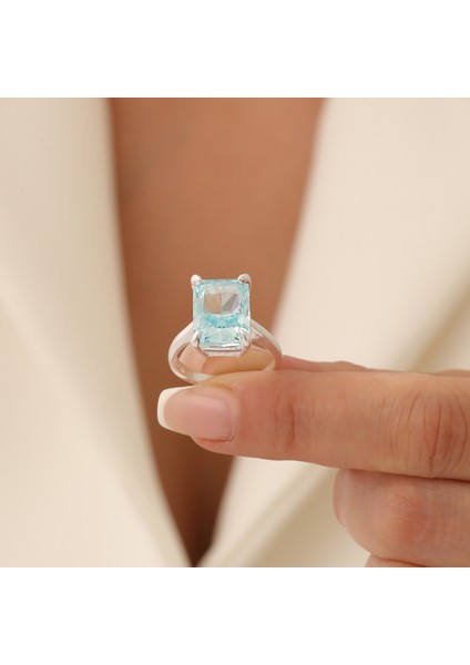 925 Ayar Gümüş Akuamarin Baget Taşlı Rodyumlu Yüzük fiyatları