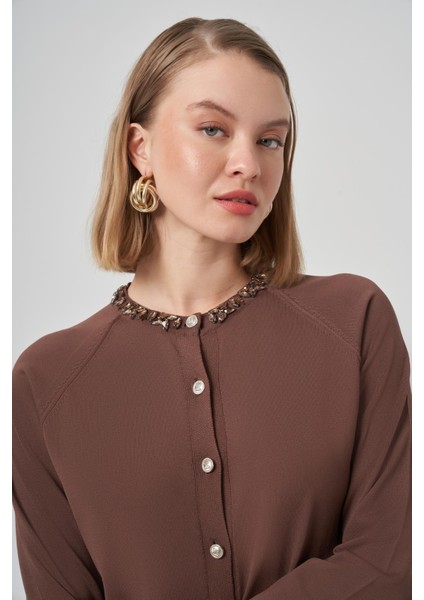 300T Yakası Taş Işlemeli Merserize Tunik Kahve fırsatları