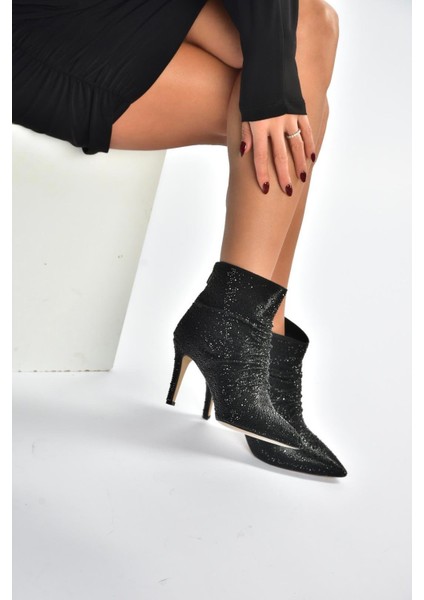 V572127214 Siyah Sim Taşlı Ince Topuklu Abiye Bot