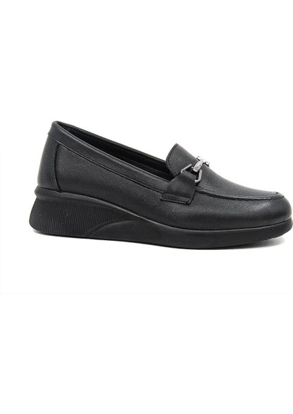 715 Deri Toka Detaylı Deri Kadın Loafer Ayakkabı - Siyah