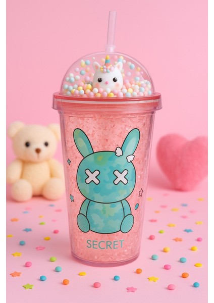 Sevimli Bunny Tavşan Figürlü Renkli Boncuklu Kristal Efektli Tasarım Pipetli Bardak Suluk Pembe 2087