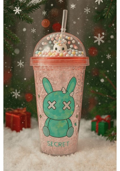 Sevimli Bunny Tavşan Figürlü Renkli Boncuklu Kristal Efektli Tasarım Pipetli Bardak Suluk Pembe 2087 fiyatları