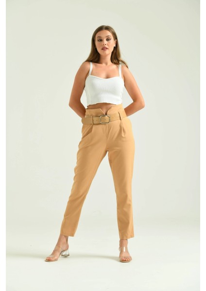 Kadın Pantolon Yüksel Bel Kemer Detay Havuç Pantolon Kahve - T016 fiyatları