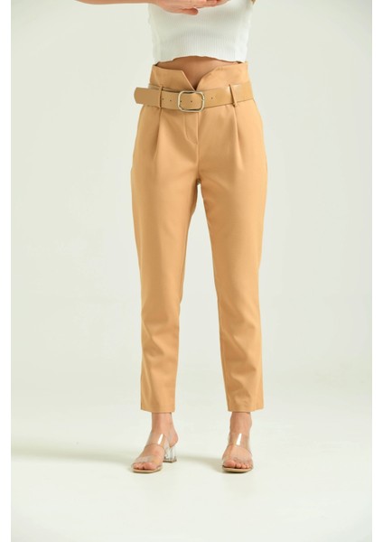 Kadın Pantolon Yüksel Bel Kemer Detay Havuç Pantolon Kahve - T016 fırsatları