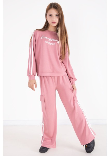 Pembe Yazı Baskılı Şeritli Kız Çocuk Alt Üst Takım 22771