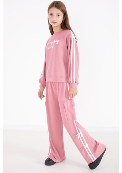 Pembe Yazı Baskılı Şeritli Kız Çocuk Alt Üst Takım 22771 modelleri