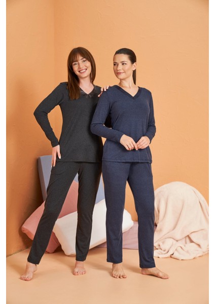 Pjs 28091 Kadın Uzun Kol V Yaka Pijama Takımı