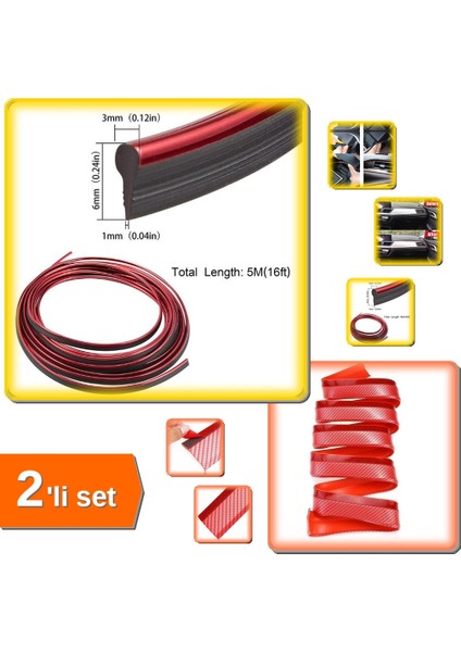 Kırmızı 2,5m Araba Oto Tampon Koruyucu Şerit ve 5m Araba Dekorasyon Trim Şeridi Seti - ZQ8K3X