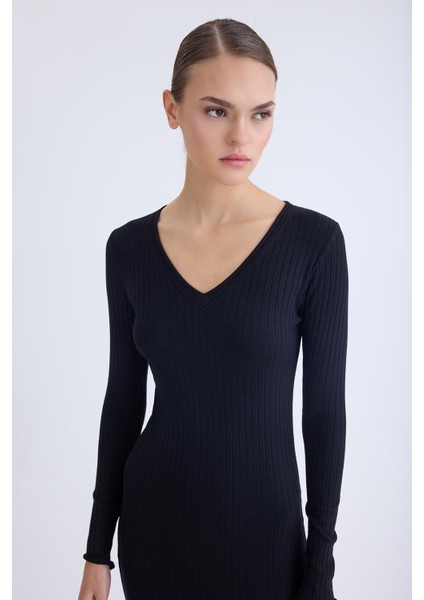 V Yaka Uzun Kol Fitilli Elbise fiyatları