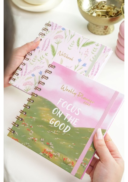 15X15 cm Kare 2'li Set Spiralli 2026 Yılı Haftalık Ajanda ve Defter Manzara