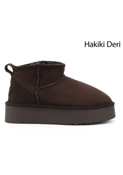 Kadın Kahve Nubuk Mini Platform Taban Hakiki Deri Kürklü Bot