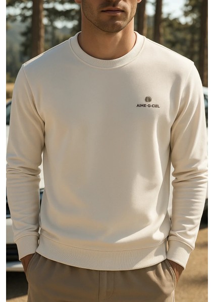 Erkek Mevsimlik Salaş Uzun Kol Krem Sweatshirt