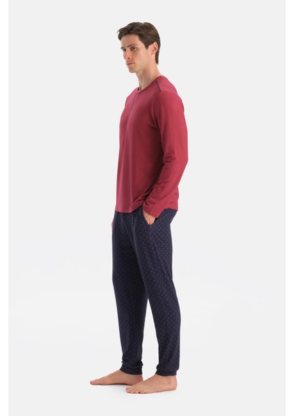 Kırmızı Dikiş Detaylı Uzun Kollu Termal Tişört Pantolon Pijama Takımı modelleri